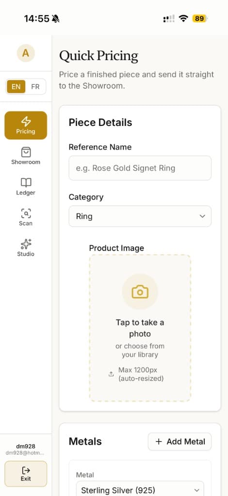 Alloy & Ledger companion app on iPhone showing Quick Pricing and the bench-side navigation