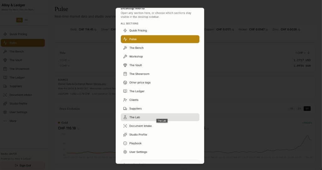 Alloy & Ledger in the browser with the desktop menu open, listing every studio section from overview to getting started